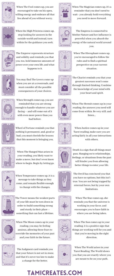 A Beginner's Guide to Tarot Cards (Free Printable) - Tami Creates Tarot Cards Guide Book, Tarot Guide Sheet, How To Use Crystals With Tarot, How To Remember Tarot Cards, Tarot Cards Instructions, The Tarot Guide, Tarot Cards Interpretation, Creating Your Own Tarot Deck, How To Memorize Tarot Cards