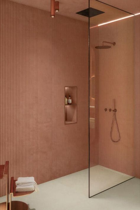 Terracotta Interior Design, Terracotta Bathroom, Trends 2025, Interior Cladding, Spa Inspired Bathroom, Townhouse Designs, Bathroom Design Inspiration, Bathroom Inspo, Tiny Bathroom