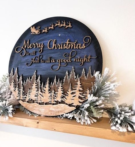 Laser Cut Christmas Ideas Christmas Wooden Door Sign, Noel Wood Sign, Wood Crafts With Cricut, Laser Christmas Decorations, Laser Files Free, Cnc Christmas Projects, Good Night Merry Christmas, Laser Christmas Ideas, Christmas Round Wood Signs