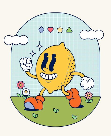 Lemon Character, Lemon Cartoon, Risograph Design, Doodle Comic, Emoji Tattoo, Lemon Illustration, Lemon Drawing, 1930s Cartoons, Simple Character