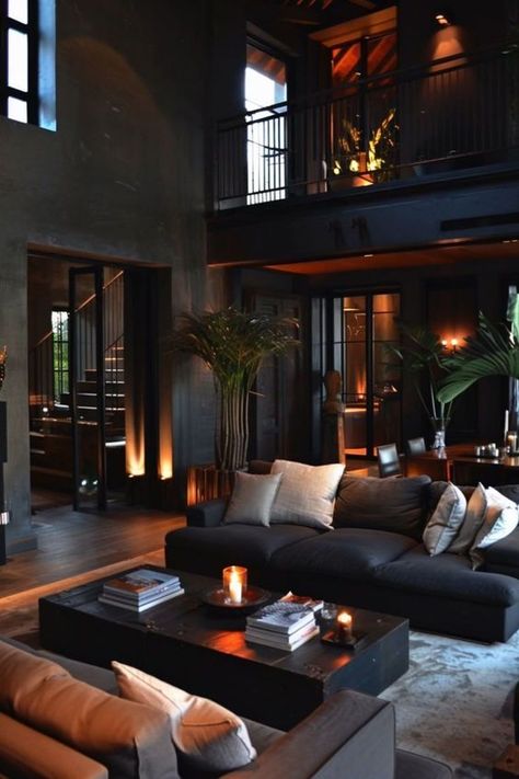 Black Brown Apartment, Dark Neutral Aesthetic Home Decor, Dark Mid Century Living Room, Dark Interior Design Living Room, Dark Moody Apartment, Industrial Home Decor Ideas, Dark Romantic Living Room, Living Room Dark Colors, Living Room Dark Interior