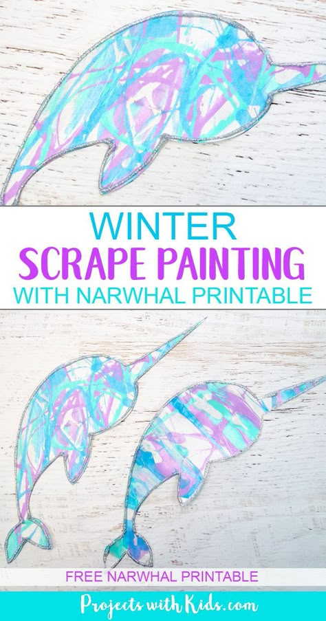 This winter scrape painting activity is a fun and super easy process art project that kids in preschool and beyond will love! Use icy winter colors to make this narwhal craft and edge them in silver glitter for an extra special touch. Free narwhal printable template included. #wintercrafts #processart #kidspainting #projectswithkids Narwhal Craft, Arctic Animals Preschool, Arctic Animals Crafts, Winter Animal Crafts, Scrape Painting, Winter Art Projects, Polar Animals, Painting Activities, Winter Preschool