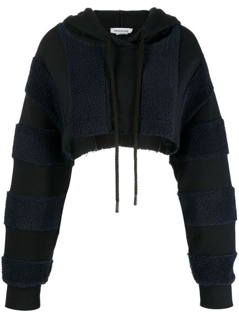 black/midnight blue cotton panelled design drawstring hood drop shoulder long sleeves ribbed cuffs raw-cut hem cropped Half Hoodie Crop Outfit, Crop Top Hoodie Outfit, Cropped Hoodie Outfit, Cut Out Hoodie, Crop Hoodies, Black Clothes, Crop Top Hoodie, Crop Top Sweatshirt, Fashionista Clothes