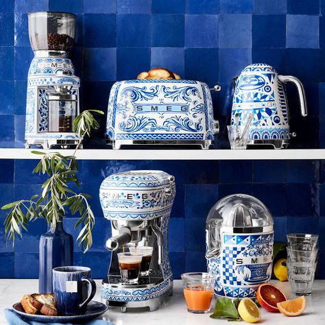 SMEG Dolce & Gabbana 2-Slice Toaster, Blu Mediterraneo Smeg Dolce Gabbana, Smeg Kitchen, Appliances Design, February 1, Wooden Clock, Blue Kitchens, Classic Decor, Elegant Decor, White Decor