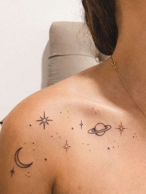 Capricorn And Saturn Tattoo, Birth Stars Tattoo, Planetary Tattoo Ideas, Constilation Tattoo Shoulder, Capercorn Tattoo, Capricorn And Gemini Tattoo, Mmvii Tattoo, Earth Sign Tattoo Capricorn, Astrology Tattoo Capricorn