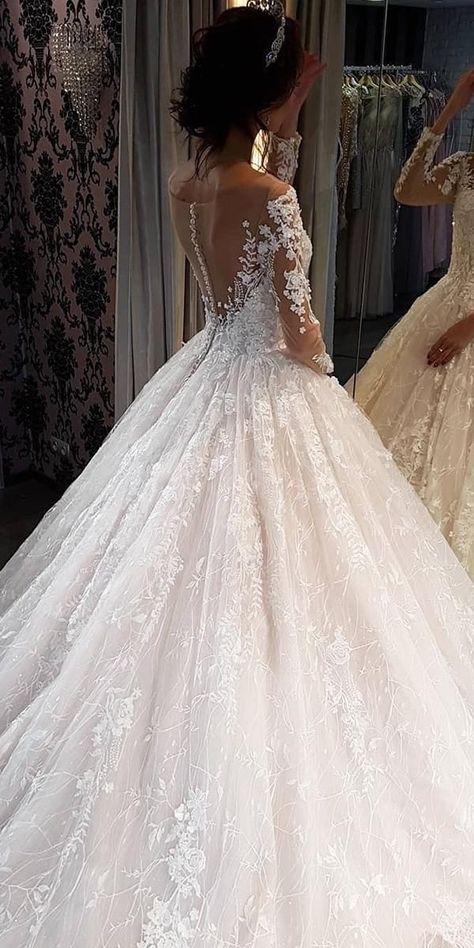 30 Ball Gown Wedding Dresses Fit For A Queen ❤ ball gown wedding dresses with long sleeves illusion back floral noranaviano sposa #weddingforward #wedding #bride Long Sleeve Wedding Dress Ball Gown, Wedding Dresses Ball Gown Lace, Champagne Wedding Gown, Ankle Length Wedding Dress, Wedding Dresses Fit, Blue Wedding Dresses, Fitted Wedding Dress, A Wedding Dress, Brides Wedding Dress