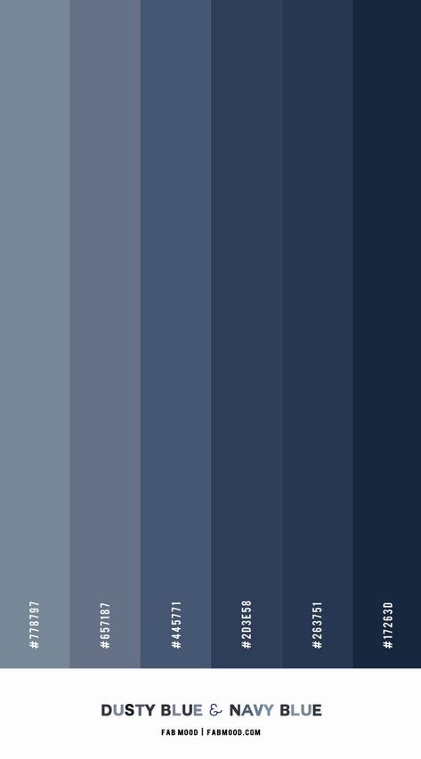 Dusty Blue Color Palette Shades, Navy Palette Colour Schemes, Dusty Blue Outfit Color Combos, Dusty Blue Pantone, Blue Color Palette Colour Schemes, Dark Dusty Blue Wedding, Navy Blue Colour Combination, Navy Blue Color Combinations, Navy Blue Colour Palette