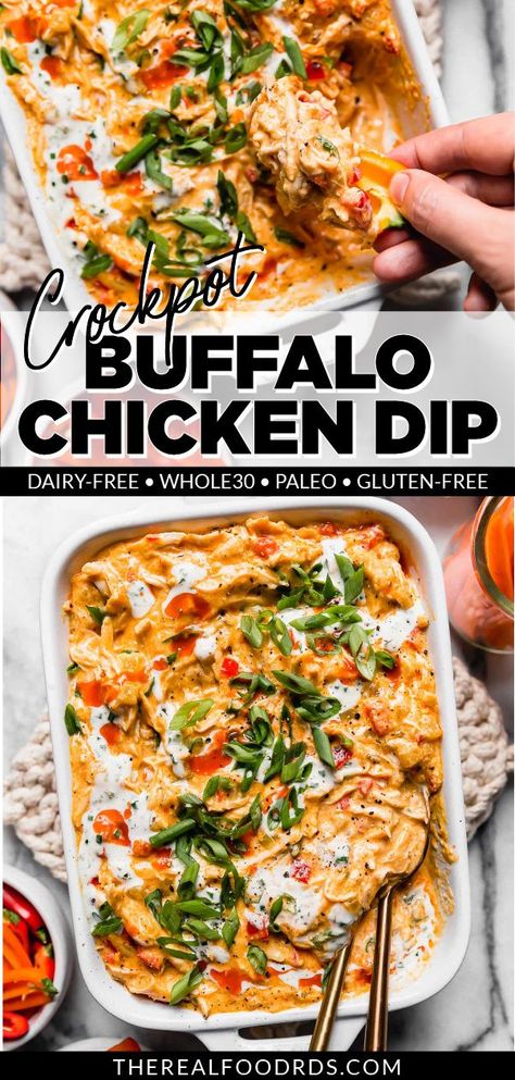 Healthy Buffalo Chicken Dip, Buffalo Chicken Dip Crock Pot, Dairy Free Appetizers, Crockpot Buffalo Chicken, Chicken Dip Recipe, Buffalo Chicken Dip Recipe, Healthy Buffalo Chicken, Chicken Dip, Chicken Dips