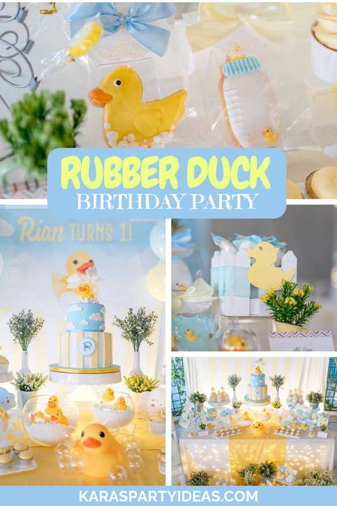 Kara's Party Ideas Rubber Duck Birthday Party | Kara's Party Ideas Rubber Duck Party Decorations, Duck Theme Birthday Party Decoration, Duck 1st Birthday Boy, Duck First Birthday Girl, Duck Birthday Theme Decoration, Duck Themed 2nd Birthday Party, Duck Party Ideas, Fish Bowl Centerpieces, Duck Theme Birthday Party