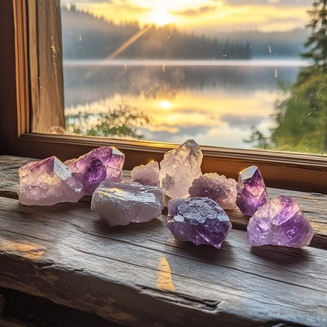 Cabin serenity and crystal energy 🌲🔮 Reflecting on the beauty of nature and the power of amethyst, rose quartz, and clear quartz. #CrystalHealing #NatureInspired #PeacefulRetreat #amethystcrystal #clearquartzcluster #clearquartzcrystal #clearquartz #CrystalMagic #CabinLife #amethyst #CrystalHealing #MindfulMoments Amethyst Crystal Aesthetic, Rose Quartz Aesthetic, Amethyst Aesthetic, Crystals Aesthetic, Modern Mystic, Oc Board, Crystals Gems, Crystal Aesthetic, Vision Board Inspiration