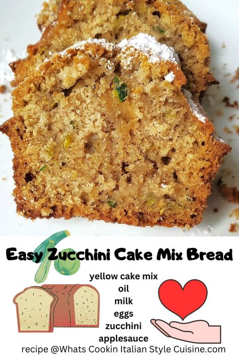 Easy Zucchini Cake Mix Bread | What's Cookin' Italian Style Cuisine Yellow Cake Mix Zucchini Bread, Zucchini Box Cake Recipe, Cake Mix Zucchini Recipes, Zucchini Bundt Cake Recipe Easy, Zucchini Bread With Spice Cake Mix Easy, Zucchini Bread With Yellow Cake Mix Easy, Adding Zucchini To Box Cake, Zucchini Bread Made With Box Cake, Cake Mix Zucchini Cookies