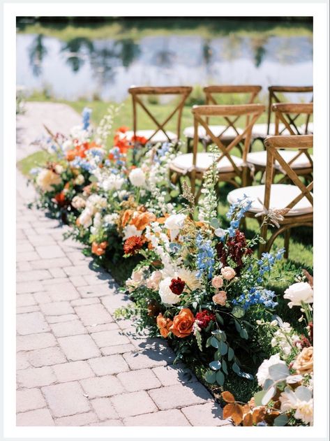 September navy, rust and copper wedding with an outdoor ceremony and indoor reception at River Bottoms Ranch Navy And Colorful Wedding, September Wedding Arch, Terracotta And Navy Wedding Flowers, September Florals Wedding, Copper And Dusty Blue Wedding, Navy Blue Terracotta Wedding, September Wedding Inspiration, September Wedding Florals, Rust And Blue Wedding