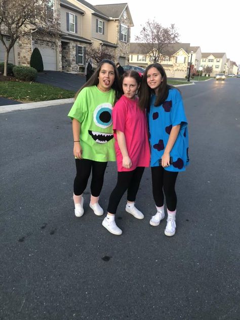 Three People Disney Costumes, Three People Matching Outfits, Mike Sully Boo Costume, Monsters Inc Trio Costume, 3 People Matching Costumes, Mike Sully And Boo Costumes, Mike And Sully Costume Best Friends, Mike And Sully Halloween Costumes, Boo Monsters Inc Costume Women