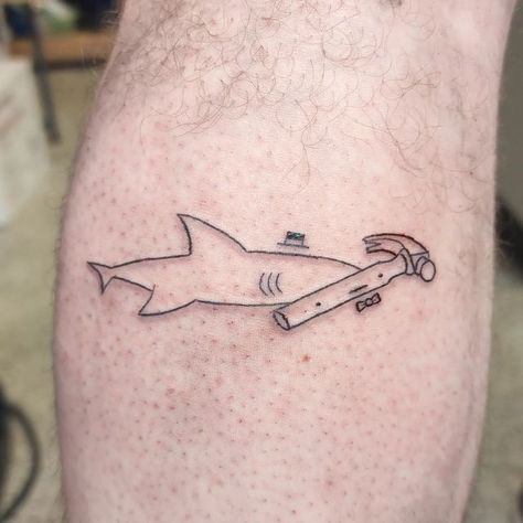 Shark Doodle Tattoo, Funny Line Tattoo, Tattoo Ideas Female Funny, Lifeguard Tattoo Ideas, Funny Fish Tattoo, Pun Tattoos Funny, Lemon Shark Tattoo, Shy Tattoo, Silly Little Tattoos