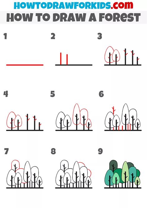 How to Draw a Forest Step by Step - Easy Drawing Tutorial How To Draw A Forest Step By Step, Forest Doodles Easy, How To Draw Trees Step By Step, Drawing Ideas Easy Doodles, Draw Trees, Tree Drawing Simple, Pine Tree Drawing, Kids Painting Party, Amazing Drawing Ideas