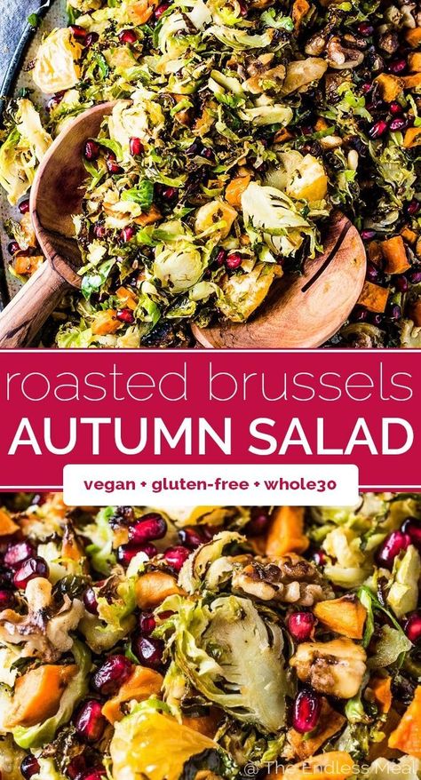 SAVE FOR LATER! Roasted Shaved Brussels Sprout Salad has all of your favorite autumn flavors. The Brussels are first roasted and then tossed in an orange lemon vinaigrette. You'll find sweet potatoes, toasted walnuts, mandarin oranges, and pomegranate all hiding in this healthy and delicious side dish. #theendlessmeal #salad #brusselssprouts #brusselsprouts #shavedbrussels #pomegranate #veggiesmadeeasy #healthyrecipes #thanksgiving #christmas Salad Thanksgiving, Shaved Brussel Sprouts, Brussels Sprout Salad, Thanksgiving Salad, Sprout Salad, Quinoa Salat, Sweet Potato Toast, Mandarin Oranges, Sprouts Salad