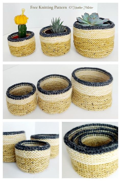 Round Nesting Baskets Free Knitting Pattern Holiday Knitting Patterns, Knitted Basket, Mini Baskets, Loom Knitting Tutorial, Round Loom, Nesting Baskets, Knit Basket, Quick Knits, Yarn Projects