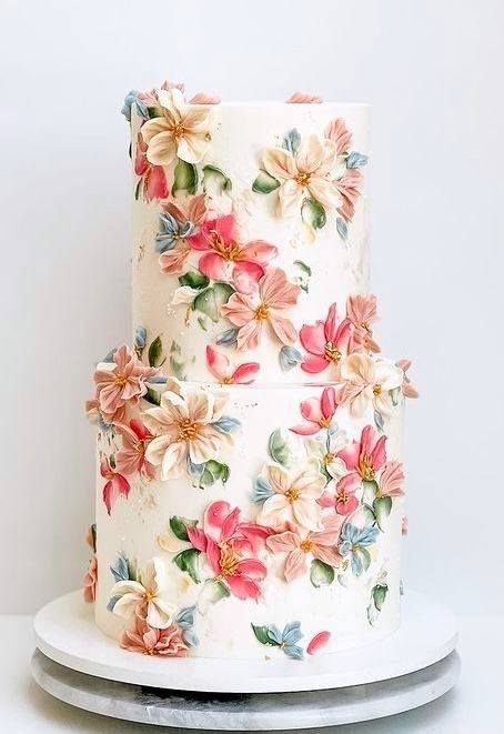 2 Tier Wedding Cakes, Painted Cake, Floral Wedding Cake, Dream Wedding Decorations, Buttercream Cakes, Buttercream Wedding Cake, Royal Icing Decorations, Wedding Dessert Table