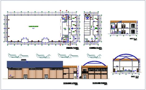 Floor plan with elevation and section view of community center dwg file Floor Plan With Elevation, Plan With Elevation, Multi Purpose Room, Cafeteria Plan, Washing Area, Meeting Hall, Auditorium Design, Town Planning, Multipurpose Hall