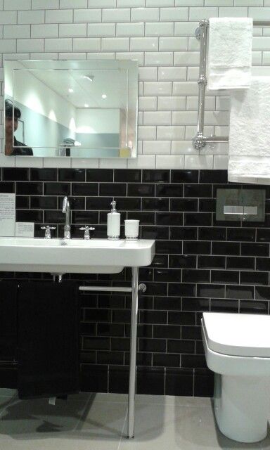 Black and White metro tiles. Metro Style Bathroom, Metro Tiles Bathroom Half Wall, Bathroom Ideas Metro Tiles, Black Metro Tiles Bathroom, White Metro Tiles Cloakroom, Black And White Metro Tiles Bathroom, White Metro Tiles, Metro Tiles Bathroom, Small Bathroom With Tub