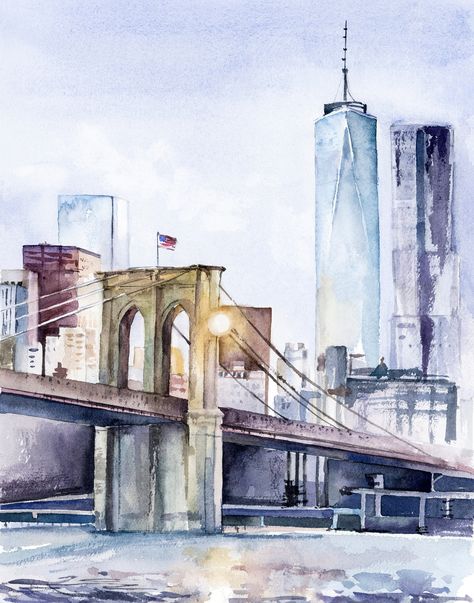 Painting Of New York, City Landscape Watercolor, Nyc Watercolor Painting, Skyscraper Watercolor, Bridge Art Paintings, New York Watercolor Painting, Watercolor Building, Nyc Painting, Watercolor Buildings