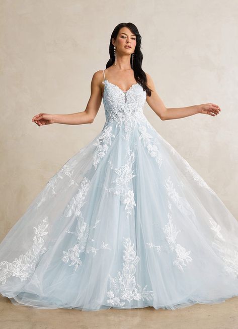 Simple But Cute Wedding Dresses, Winter Wonderland Wedding Dress Gowns, Soft Blue Wedding Dress, Big Tulle Wedding Dress, Unique Wedding Dresses With Color, Rainbow Wedding Dresses, White Wedding Dress With Blue Accents, Celestial Wedding Dresses, Blue Wedding Dress Ballgown