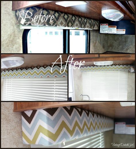 Vintage Dutch Girl: Travel Trailer Makeover, Part 5: Recovering Window Cornice Thingys! Travel Trailer Makeover, Bear Canister, Husbil Makeover, Window Cornice, Trailer Makeover, Window Cornices, Camper Organization, Camper Hacks, Trailer Decor