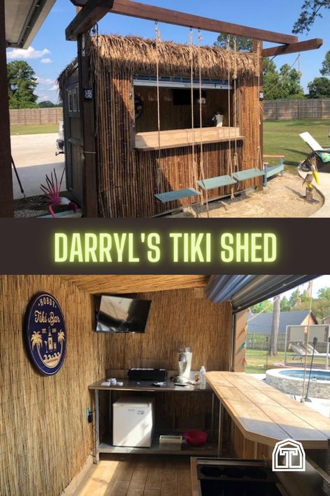 Ready for a backyard happy hour? Serve up your favorite tropical cocktails right from your own tiki bar. This backyard Tiki bar shed is a great place to kick back and relax. Create a great pub shed, complete with a bar top, swings at the bar, and of course, plenty of tiki decor. This tropical backyard bar has everything, from a thatched roof and bamboo finish. Design a backyard paradise that serves up tropical fun all year round with your own backyard pub shed. It's five o-clock somewhere! Tiki Bar Shed Ideas, Poolside Tiki Bar Ideas, Outdoor Tiki Bar Ideas Backyards, Tiki Bar Ideas Diy, Backyard Tiki Bar Ideas, Backyard Pub Shed, Lake Stairs, Backyard Tiki Bar, Tiki Hut Bar