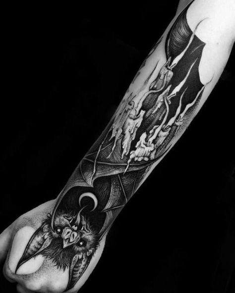 Gothic Tattoo Sleeve, Bats Tattoo, Back Of Leg Tattoos, Bats Tattoo Design, Candle Tattoo, Bat Tattoo, Scary Tattoos, Creepy Tattoos, Spooky Tattoos