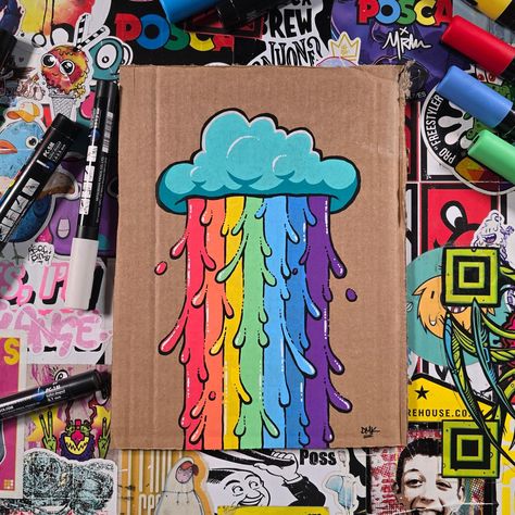 In Posca Club we drew another drippy rainbow but this time on salvaged cardboard. #doodlewithkorp #drawingtutorial Fun Stuff To Draw, Cute Marker Drawings, Drawing Ideas Trippy, Drippy Rainbow, Posca Art Doodle, Posca Marker Art, Posca Ideas, Marker Art Ideas, Posca Illustration