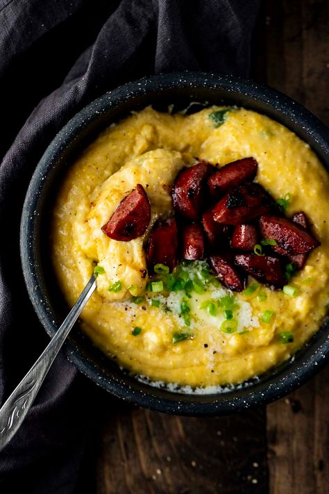 Chorizo And Grits, Kielbasa And Grits, Jalapeno Grits Cheesy, Goat Cheese Grits, Grits Meals, Recipes With Grits, Grits Dishes, Sausage And Grits Recipe, Grits With Sausage