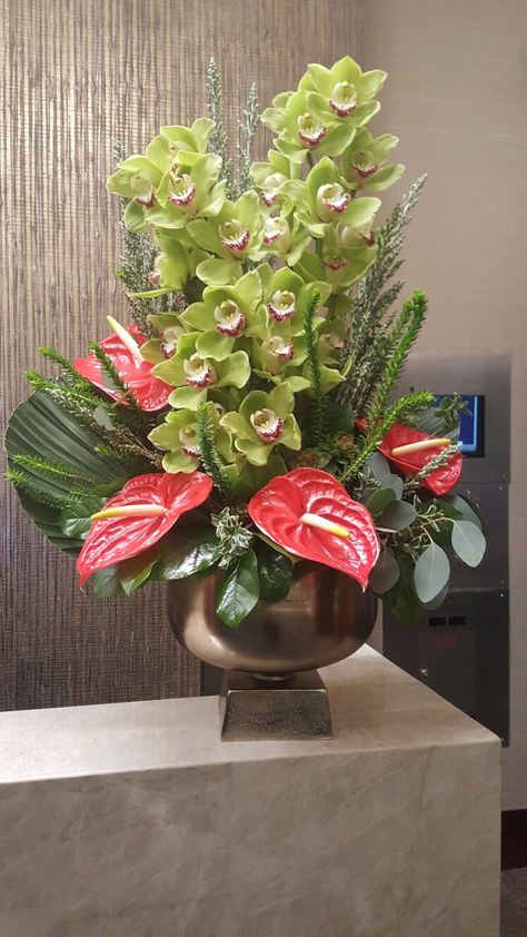 Green Cymbidium Orchid Arrangement, Cymbidium Orchids Arrangement, Cymbidium Arrangement, Hotel Arrangements, Anthurium Arrangement, Indian Jungle, Red Anthurium, Red Flower Arrangements, Floral Art Arrangements