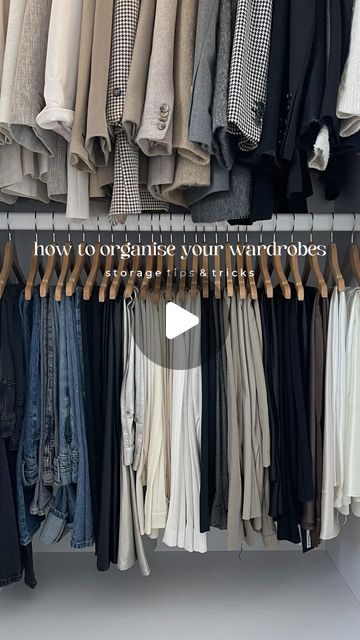 KATIE PEAKE on Instagram: "Wardrobe organisation tips 📌🤍🧥👖 I’ve had a HUGE declutter & sort out over the last couple of weeks & wanted to organise my things so it’s easy for me to get dressed every day. Also the baby hanger hack is a gamechanger for hanging your trousers. SO satisfying 👏🏻 full YouTube video is on my channel. . . Wardrobes are from @tylko use ‘katiepeake’ for 44% off until 31.01 *pr product . . Wardrobe organisation, closet, closet organisation, how I organise my clothes, storage hacks . . #wardrobes #wardrobestylist #wardrobegoals #cleanoutyourcloset #closetorganization #closetgoals #wardrobeorganisation #clothesorganizer #wardrobeinspiration #wardrobeinspo #knitwearfashion #dressingrooms #dressingroomgoals #dressingroominspo #dressingroomdesign #storagesolutions #st Hanging Clothes Storage Ideas, Wardrobe Trousers Storage, Dress Pant Storage, Shelf Wardrobe Organisation, Bedroom Garderobe Ideas, Trouser Organisation, Hanger Wardrobe Ideas, Organization Ideas For The Home Clothes, Dress Storage Ideas Closet Organization