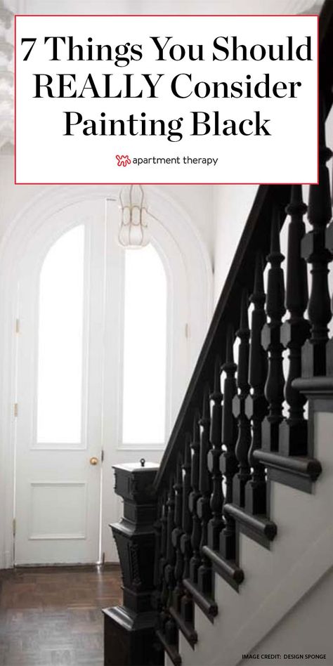 Black Painted Stairs, Weekend Painting, Black Staircase, Stairs Renovation, Black Stairs, Painted Staircases, Black Interior Doors, Black Living Room, Painted Stairs