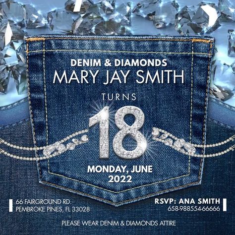 Denim And Diamond Invitations, Denim And Diamonds Invitations, Denim And Diamonds Cake Ideas, Denim And Diamonds Party Ideas, Denim Party Theme, Denim Birthday Party Theme, Denim Party Decorations, Denim Diamonds Theme Party, Denim Themed Party Outfit