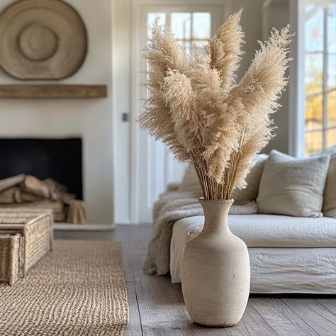 Pampas Living Room Decor, Floor Vase With Pampas, Pampas Grass Decor Living Room, Pampas Decor, Shelf Baskets Storage, Natural Bohemian, Big Vases, Grass Decor, Pampas Grass Decor