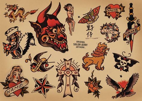 275+ Awesome Sailor Jerry Tattoos With Meanings (2022) - TattoosBoyGirl Flash Art Tattoos, Berg Tattoo, Sailor Jerry Flash, Sailor Jerry Tattoo Flash, Arte Cowboy, Cowboy Tattoos, Sailor Tattoos, Sailor Jerry Tattoos, Art Flash