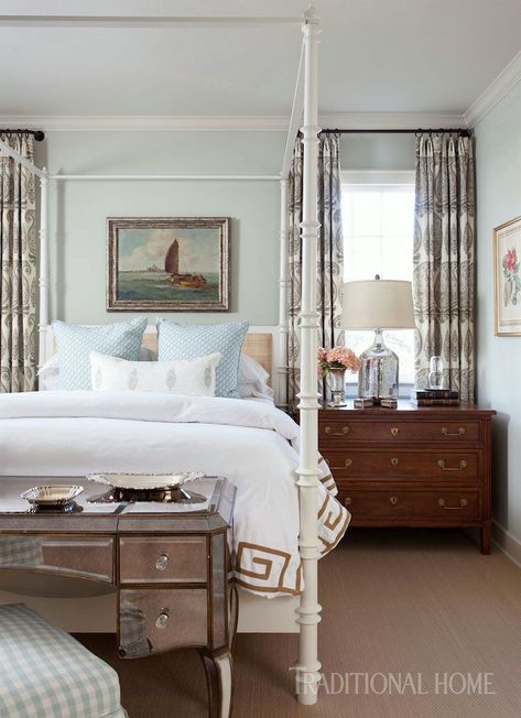 12 Gorgeous Bedrooms + Common Questions Answered Blue And White Home, Sophisticated Bedroom, Gorgeous Bedrooms, Austin Homes, Coastal Bedrooms, Wood Bed, Traditional Bedroom, Master Bedrooms, White Room