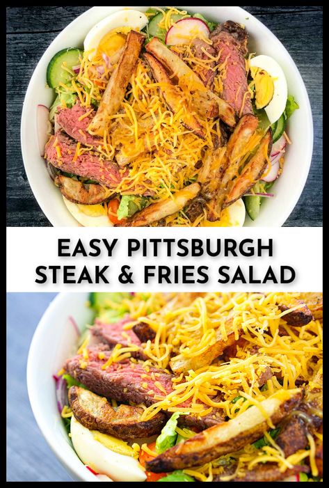 Pittsburgh Steak Salad French Fries, Pittsburgh Steak Salad, Steak Frites Salad, Pittsburgh Style Steak, Pittsburgh Salad, Steak And Fries, Salad With Cheese, Steak Salad Recipe, Fresh Cut Fries