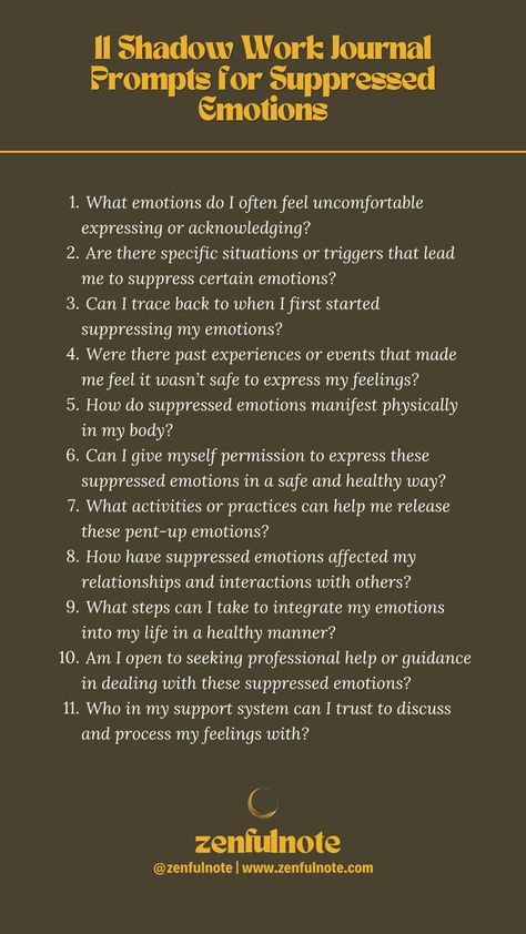 Approach these shadow work prompts with patience and gentleness, allowing yourself to gradually explore and understand the suppressed emotions. It's essential to create a safe and nurturing environment for this exploration to promote healing and self-acceptance. Shadow Work Emotions, Resentment Shadow Work, Shadow Work For Abandonment Issues, Neglect Wound Shadow Work, Ego Shadow Work, Shadow Work Letting Go, Insecurity Shadow Work Prompts, Self Worth Shadow Work Prompts, Fear Shadow Work