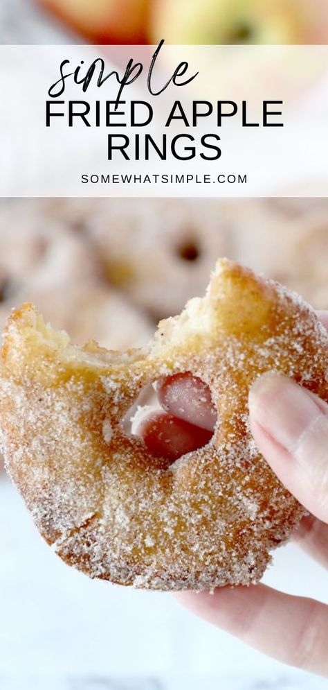 The first time I ever tried these Simple Fried Apple Rings was at our state fair. (Everything is fried at a state fair, right?!)They tasted like little apple fritters, but not as heavy, and I liked that a lot! I also loved the simplicity of this tasty little treat – fried apples dipped in batter, deep fried, then coated in cinnamon and sugar… that’s it! With a simple ingredient list and frying method, these fried slices of heaven are so easy to make at home. It's really so easy and tasty! Fried Apples Recipe Easy, Fried Apple Rings, Deep Fried Desserts, Deep Fryer Recipes, Apple Slice Recipe, Deep Fried Recipes, Fried Apple, Fried Dessert, State Fair Food