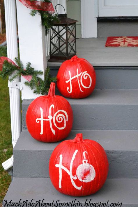 What better way to entice Santa Claus to come early than lining your steps with his go-to saying? Pumpkin Snowmen, Christmas Pumpkins, Christmas Yard, Christmas Porch, Painted Pumpkins, Christmas Deco, Diy Holiday, Pumpkin Decorating, Christmas Projects