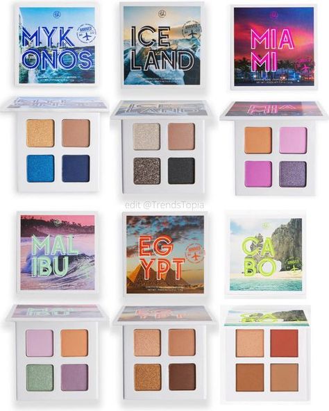 TrendsTopia on Instagram: "REVEAL ✈️ New @bhcosmetics Travel Series Eye Quads and Face Palette 5 eye quads ($7 each) 🇬🇷Mykonos 🇮🇸Iceland 🇪🇬Egypt 🇺🇸Miami 🇺🇸Malibu 1 New Face palette ($8) 🇲🇽Cabo 👉available NOW on their website it’s been awhile since we’ve seen anything new from BH after hearing the news they were applying for bankruptcy. What do you think? Do any of these stand out to you? 📸 used in edit by BH Cosmetics #bhcosmetics #eyeshadow #newinbeauty #makeupnews #beautynews Makeup News, Face Palette, Affordable Makeup, Bh Cosmetics, New Face, Mykonos, Iceland, Maybelline, Quad