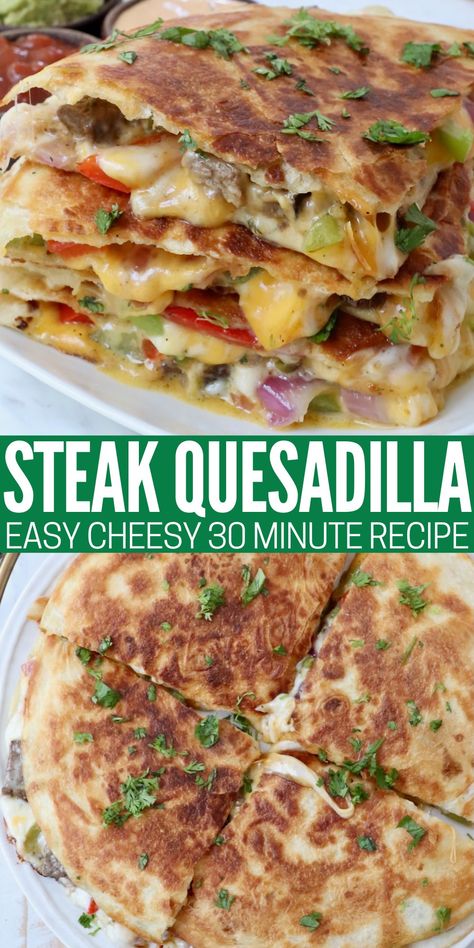 Make the best Steak Quesadilla with this easy recipe that's loaded with flavorful carne asada, fajita veggies and tons of cheese! It only takes 30 minutes to make this delicious Mexican dish for an easy weeknight meal that's better than fast food or a restaurant chain. Carne Asada Quesadilla Recipes, Steak Quesadillas Recipes, Carne Asada Recipes Dinners, Carne Asada Quesadilla, Steak Quesadilla Recipe Easy, Steak Quesadilla Recipe, Steak Quesadilla Recipes, Quesadillas Recipes, Fajita Quesadilla