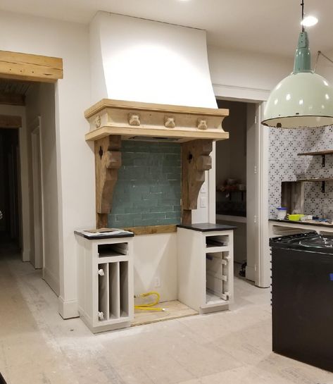 The Corbel on Instagram: “We are building beautiful custom hoods one customer at a time! Your kitchen is the hub.... make a statement. . . #customhoods #antiquewood…” Oven Hood With Corbels, Range Hood With Corbels, Farmhouse Corbels Kitchen Islands, Corbel Countertop Support, Kitchen Island Support Corbel, Countertop Support Wood Korbels, Oven Range Hood, Hood Fan, Wood Stove Cooking