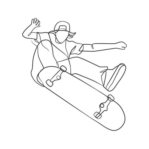 Person Skateboarding Drawing, Line Art Skateboard, Guy Skateboarding Drawing, Gacha Skateboard Pose, Skater Guy Drawing, Skate Board Tattoo Ideas, Skater Drawings Aesthetic, Skateboard Line Art, Skateboard Drawing Ideas