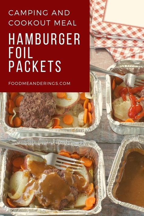 Hamburger Foil Packets are a one-pan meal with tender carrots, potatoes, onions and a lean ground beef patty, all grilled (or baked) to perfection! They are delicious like packet of comfort food and an ideal camping meal on the grill, campfire, camp stove or even in the oven at home! Hobo Foil Packs Ground Beef Oven, Hobo Dinner Recipes, Foil Packet Recipes, Tin Foil Meals, Foil Meals, Tin Foil Dinners, Camp Meals, Foil Pack Dinners, Camping Meal