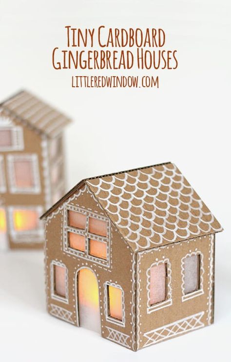 Tiny Cardboard Gingerbread Houses | littleredwindow.com | Make these adorable little Gingerbread Houses out of cardboard, they even light up! Cardboard Gingerbread Houses, Gingerbread House Template Printable, Christmas Sculpture, Easy Gingerbread House, Gingerbread House Craft, Cardboard Gingerbread House, Gingerbread House Patterns, Ginger Bread House Diy, Gingerbread House Template