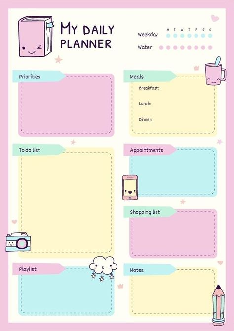 Cute Daily Planner, Daily Planner Printables Free, 달력 디자인, Study Planner Printable, Daily Agenda, Print Planner, Weekly Planner Template, Daily Planner Pages, Trip Planner