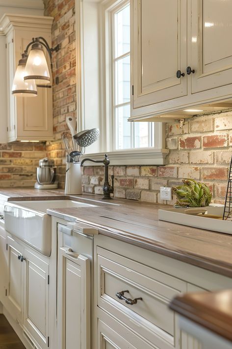 Farmhouse Kitchen With Stylish Brick Backsplash - 123 Inspiration Brick Shower Floor Ideas, Grey And Brick Kitchen, Backsplash Cottage Kitchen, Brick Backsplash Kitchen With Butcher Block Countertops, White Brick Tile Backsplash Kitchen, Dark Cabinets With Brick Backsplash, Ceiling Tile Backsplash Kitchen, White Wash Backsplash Kitchen, Brick Backsplash Kitchen Wood Cabinets